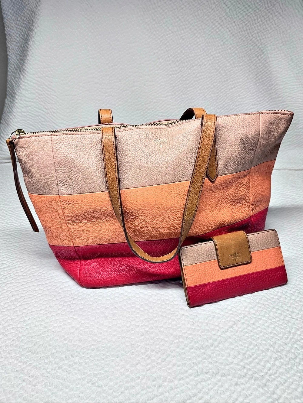 Fossil Colorblock Leather Tote & Matching Wallet Set Pink Coral Red